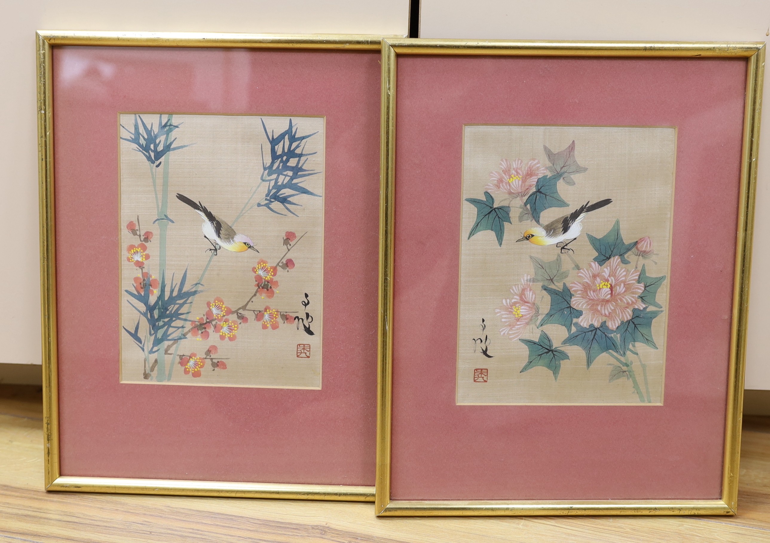 20th century Chinese School, pair of gouaches on silk, Birds on bamboo and Chrysanthemums, signed, 20 x 15cm